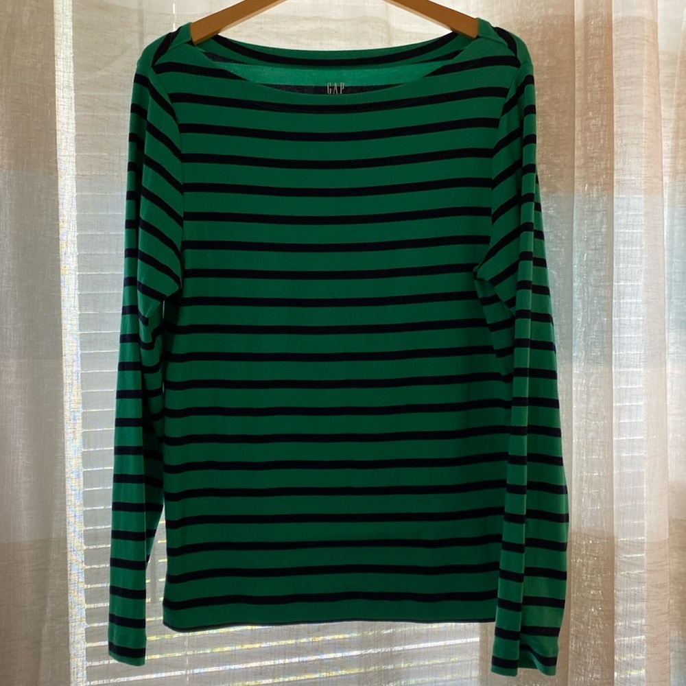 NWOT, GAP ladies long sleeve shirt, green and blue horizontal stripes. Size XL